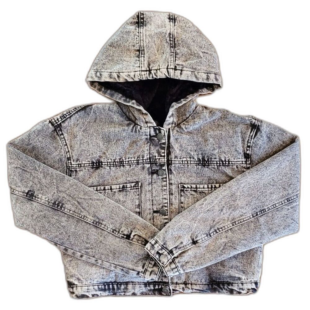 Ashley-Vintage Charm Women Cropped Denim Hoodie Jacket Faded Black L - Picture 2 of 8